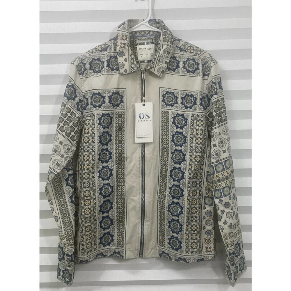 Denim & Flower Shirt Small NEW Small long Sleeve OverShirt Brown blue Zip up